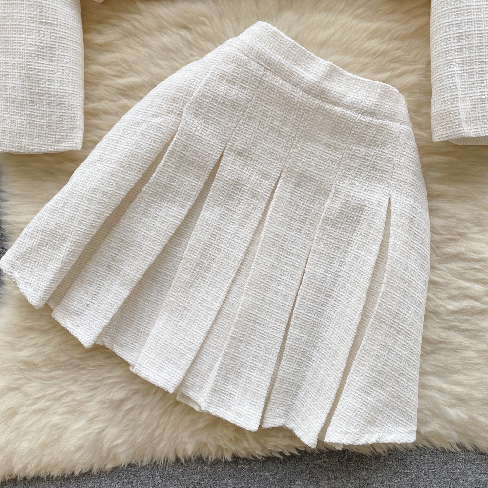 Retro skirt pinched waist cardigan 2pcs set for women