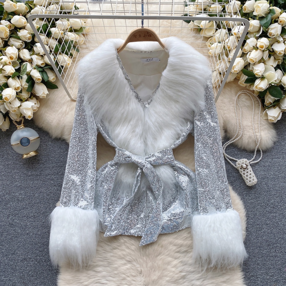 Feather collar long sleeve sequins coat for women
