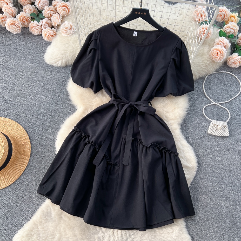 Sweet puff sleeve T-back pinched waist dress for women