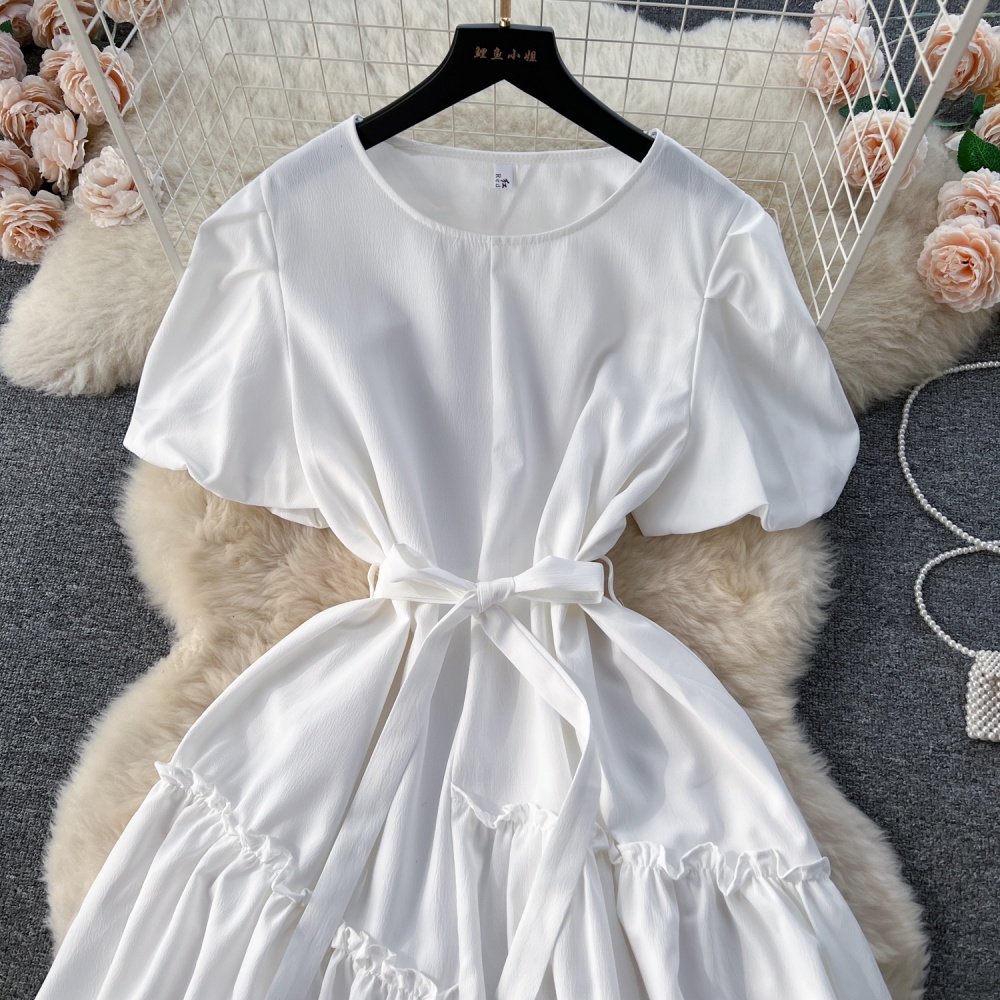 Sweet puff sleeve T-back pinched waist dress for women