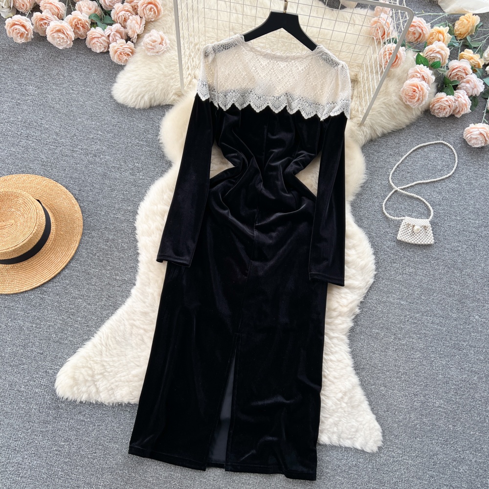 Lace Hepburn style dress temperament long dress