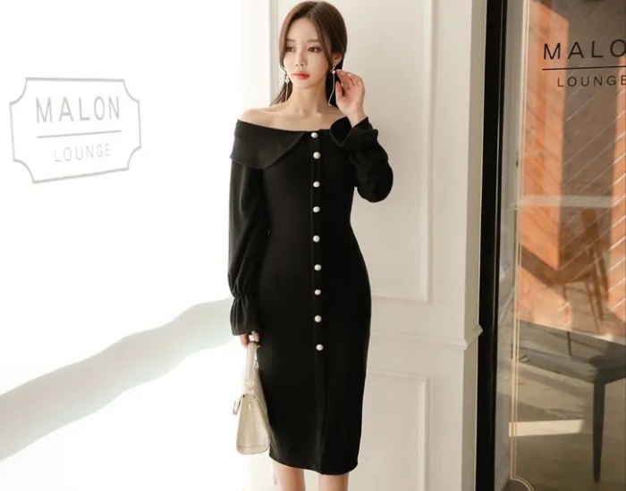 Flat shoulder fashion long sleeve Korean style slim dress