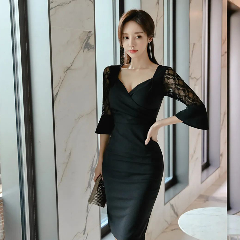 V-neck Korean style temperament sexy splice fashion dress