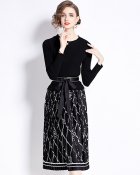 Fashion knitted printing splice dress for women