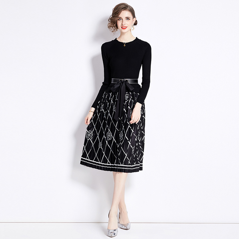 Fashion knitted printing splice dress for women