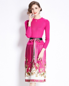 Knitted splice pleated fashion printing dress for women