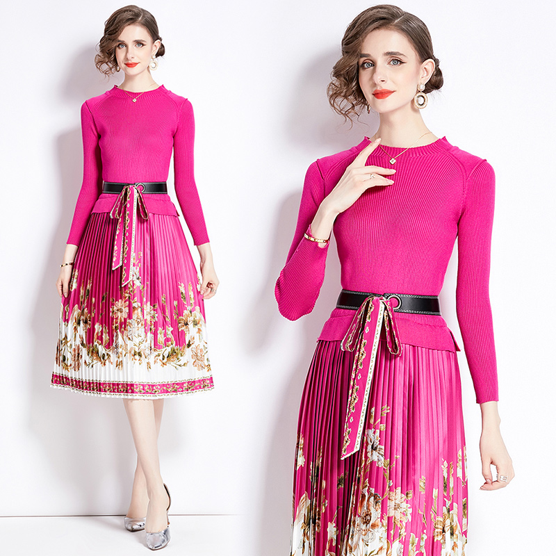 Knitted splice pleated fashion printing dress for women