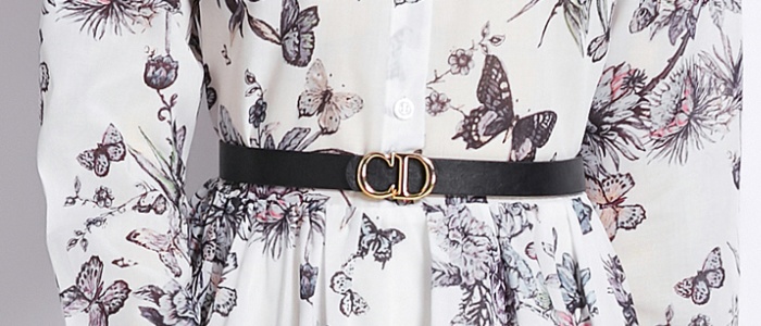 Long sleeve lined printing belt spring butterfly slim dress