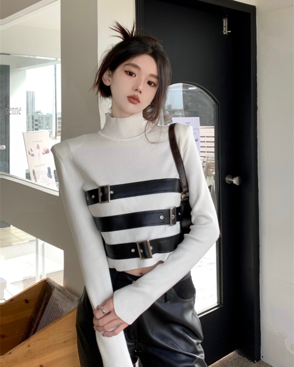Unique small high collar sweater white bottoming shirt