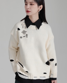 Loose holes unique sweater retro knitted tops for women
