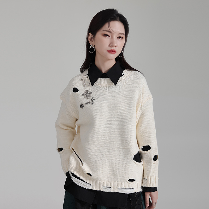 Loose holes unique sweater retro knitted tops for women