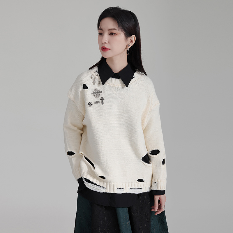 Loose holes unique sweater retro knitted tops for women