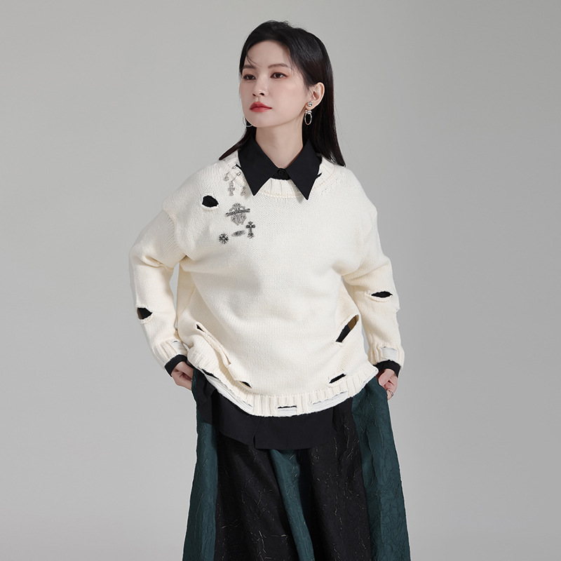 Loose holes unique sweater retro knitted tops for women