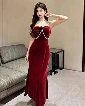V-neck slim strap dress velvet dress for women