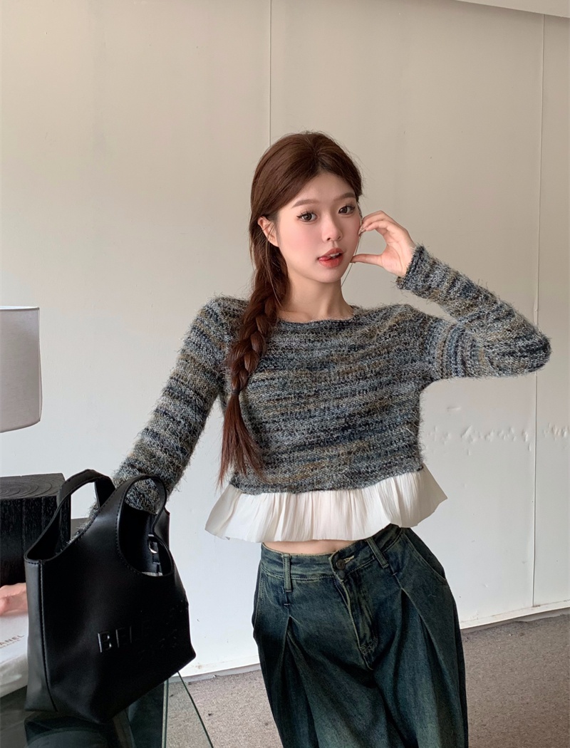 Knitted colors stripe tops short mixed colors sweater