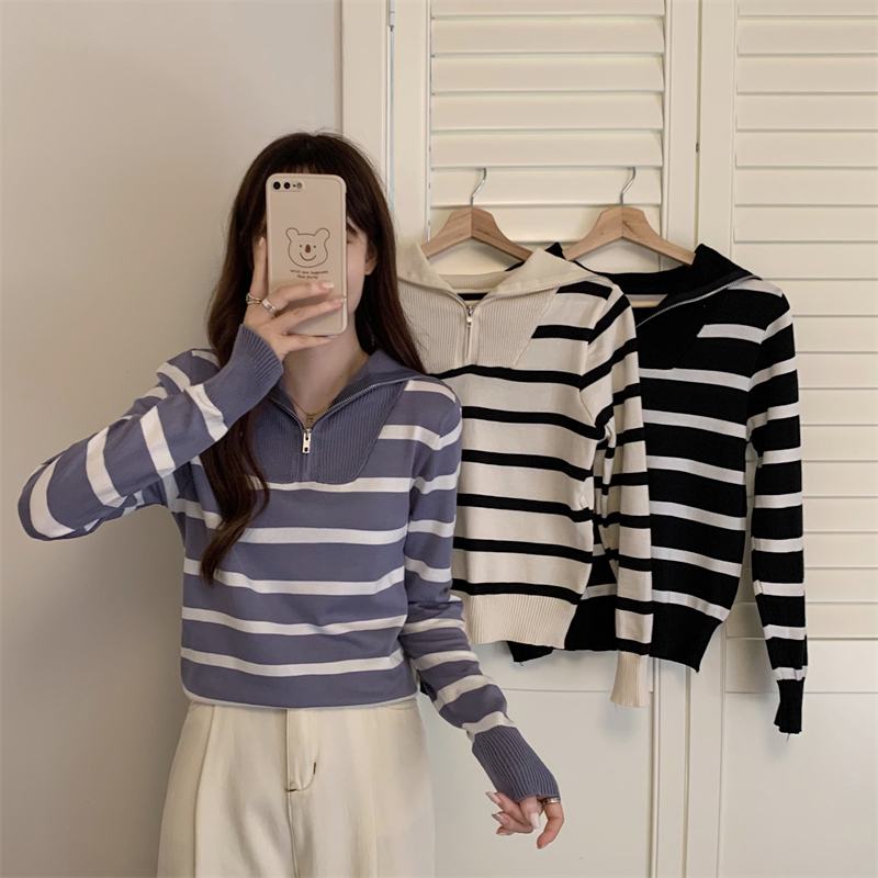 Stripe all-match sweater long sleeve tops for women