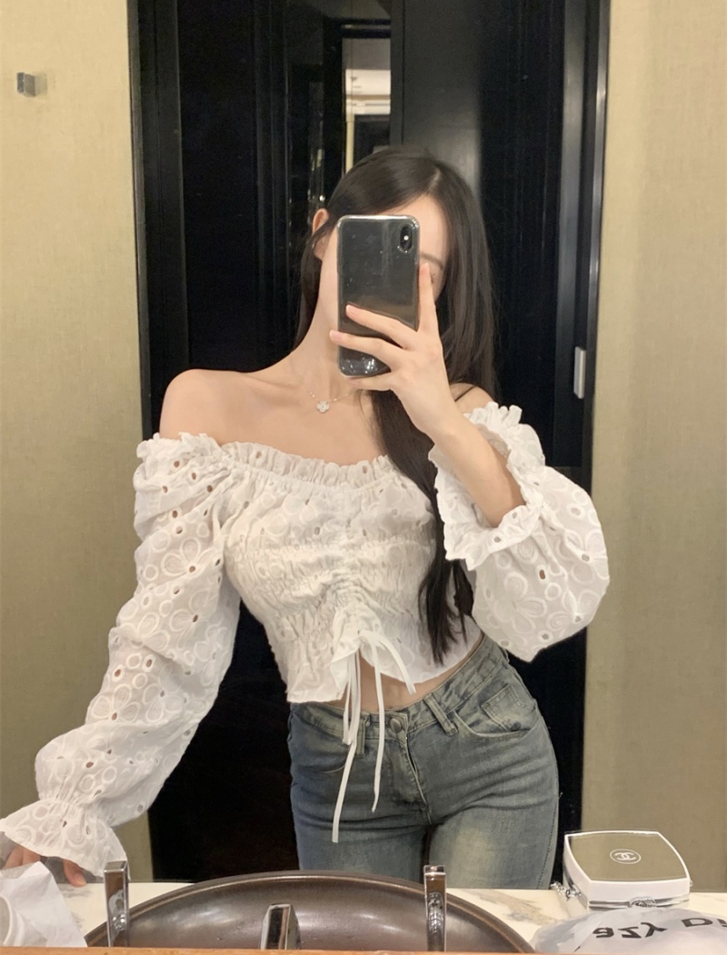 Fold drawstring pure cotton shirt lace sweet tops for women