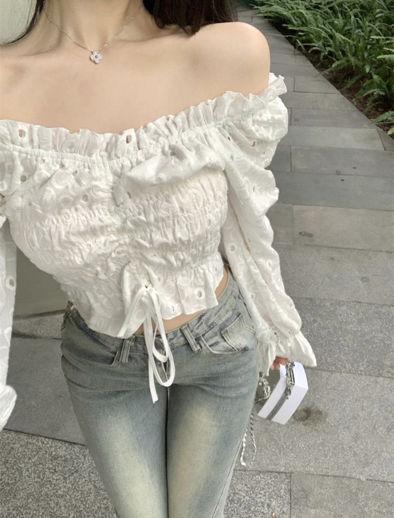 Fold drawstring pure cotton shirt lace sweet tops for women