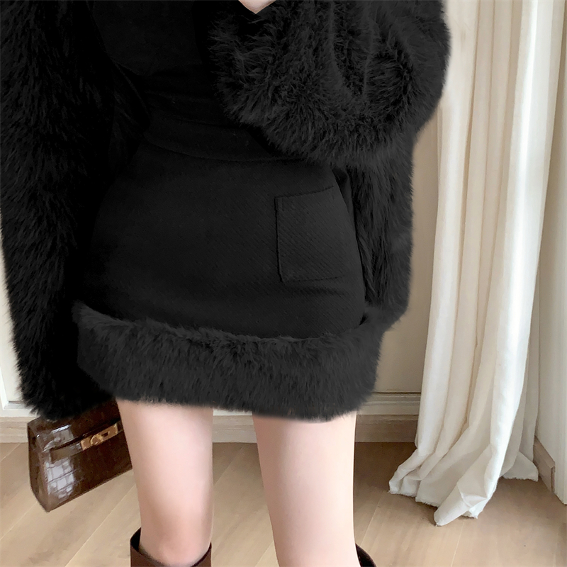 High waist woolen package hip splice skirt for women