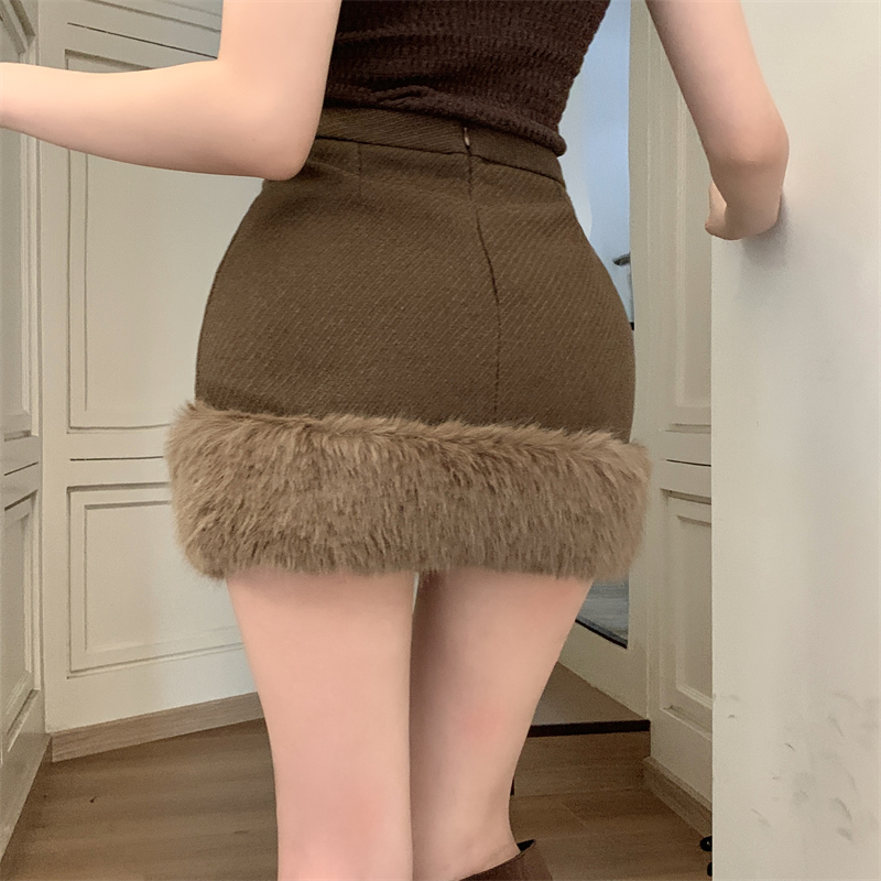 High waist woolen package hip splice skirt for women