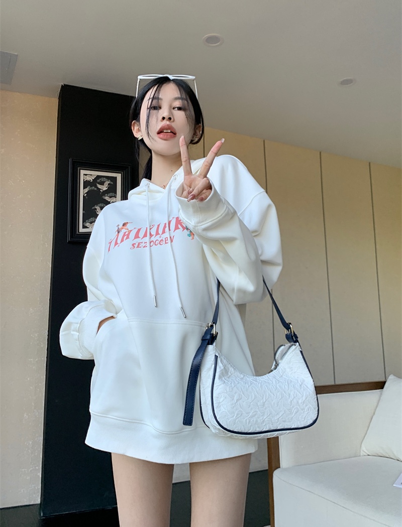 White printing loose tops hooded college hoodie for women