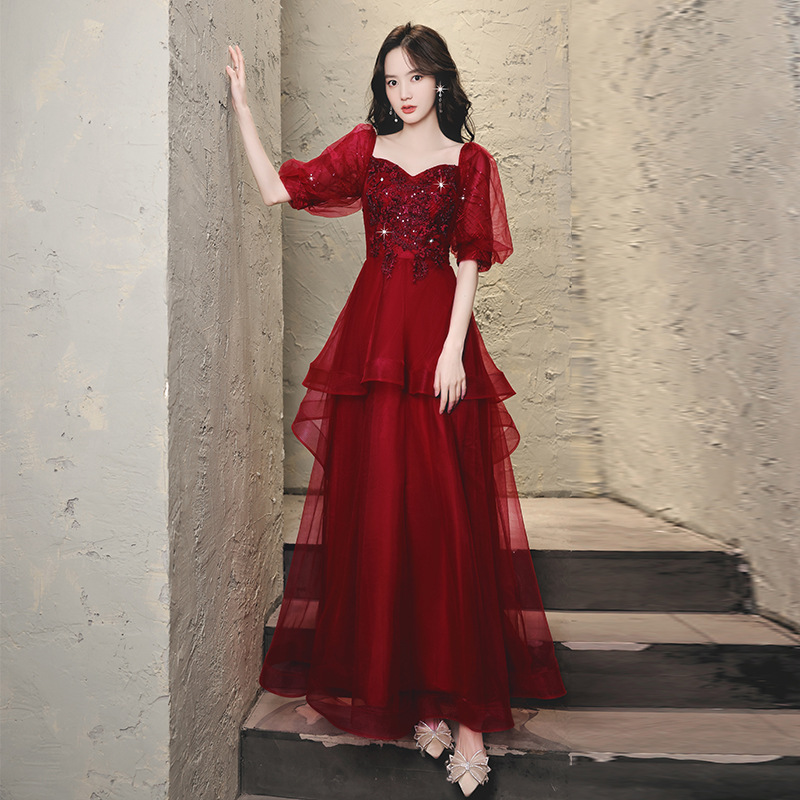 Flat shoulder France style evening dress wine-red lady dress