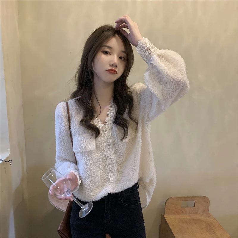 Lace Korean style shirt temperament V-neck bottoming shirt