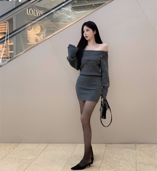 Knitted gray slim horizontal collar bottoming dress