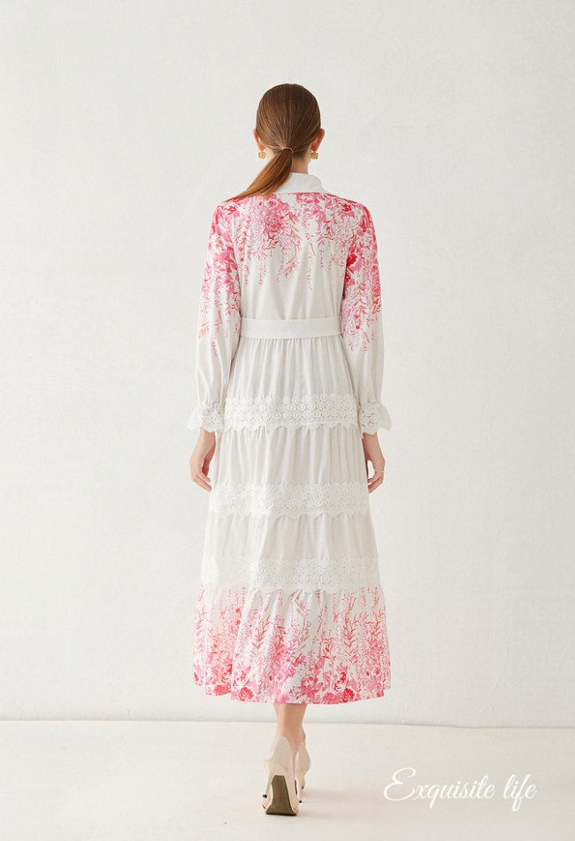 Lapel lace long Bohemian style lantern sleeve dress