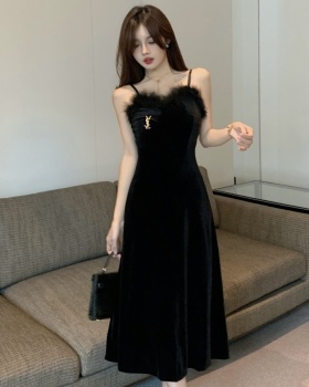 Splice slim package hip sexy black lace long dress