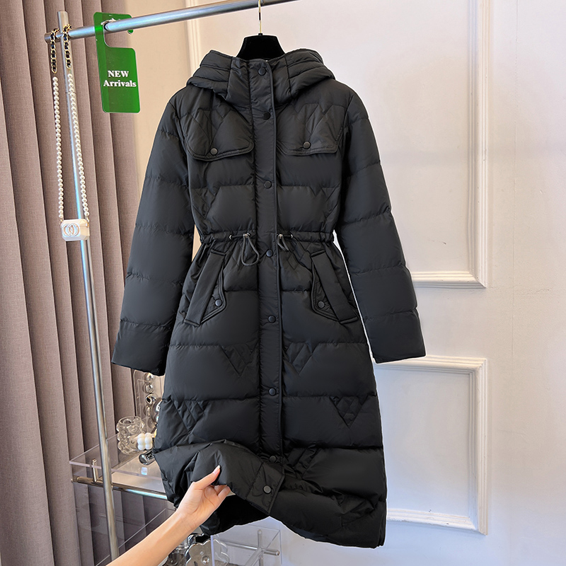 Pinched waist Korean style long hooded down coat