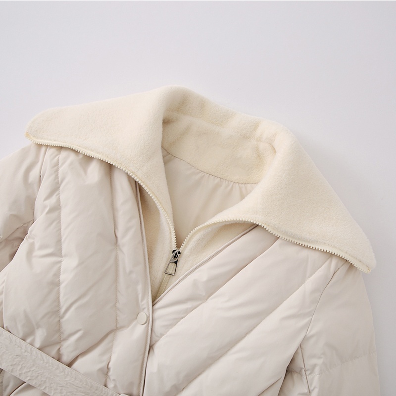 Short apricot coat lapel winter belt for women