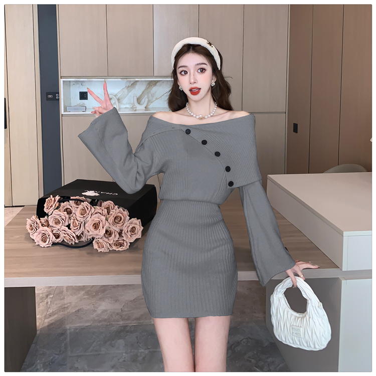 Autumn and winter knitted sweater dress package hip dress