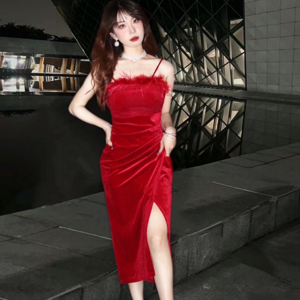 Elegant retro red dress autumn high waist strap dress
