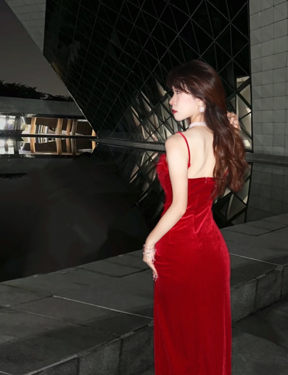 Elegant retro red dress autumn high waist strap dress