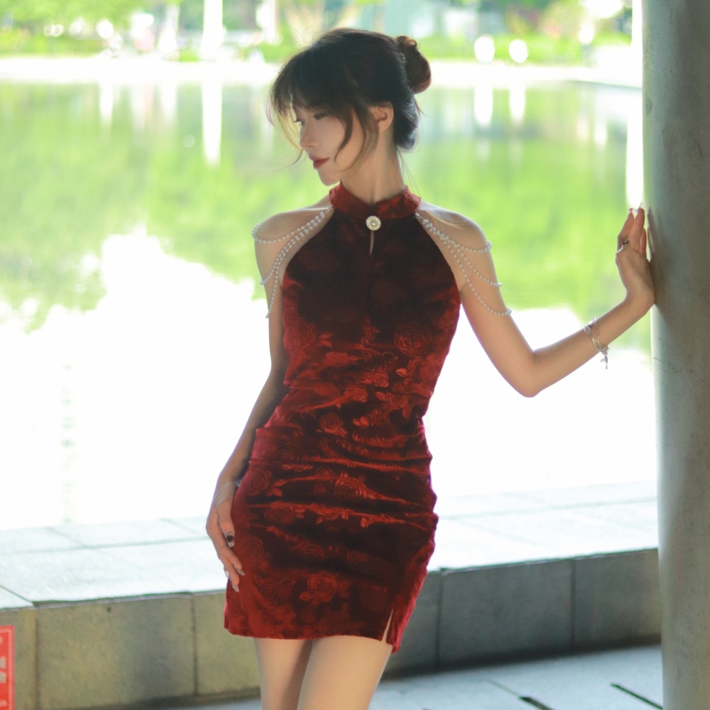 Temperament embossing dress slim velvet cheongsam