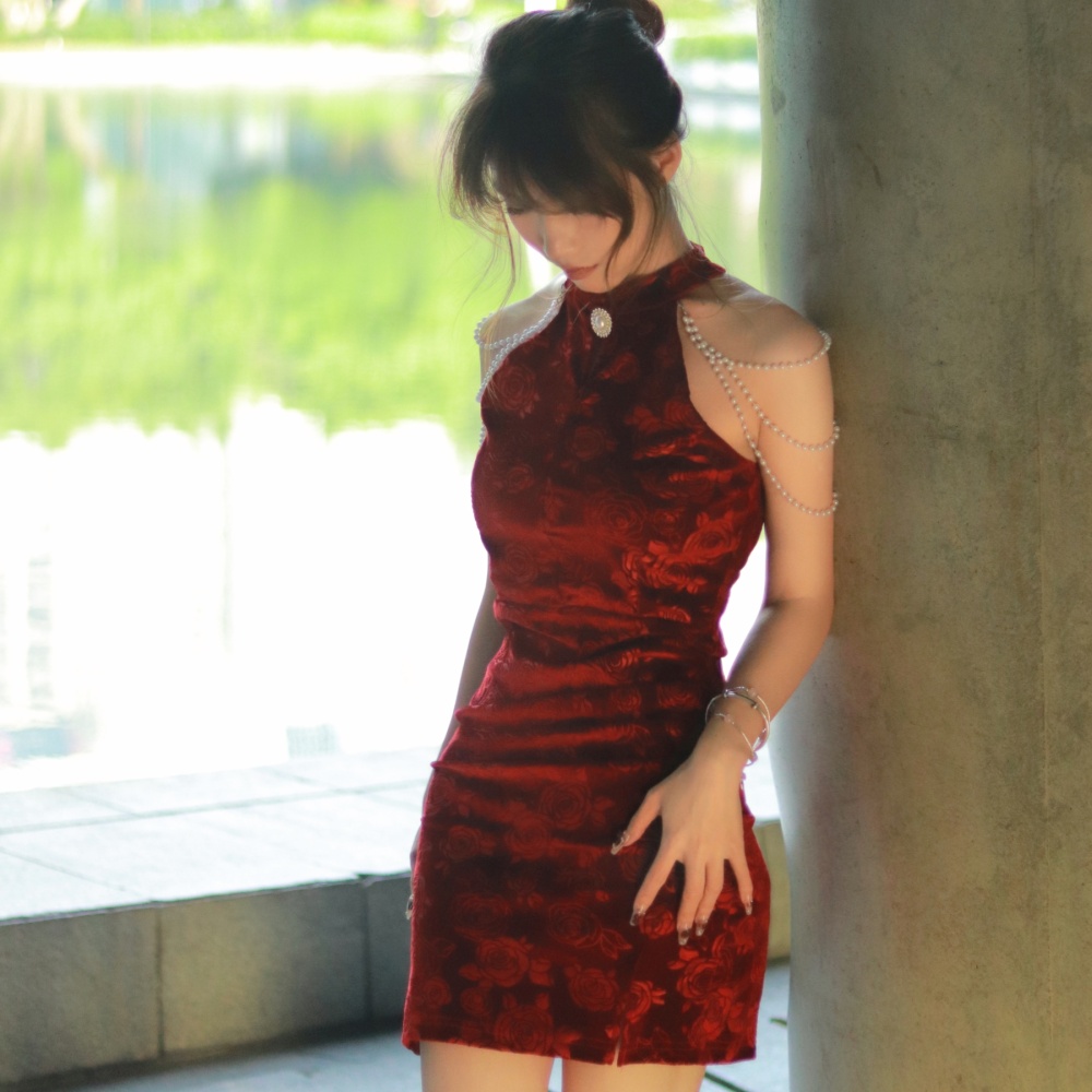 Temperament embossing dress slim velvet cheongsam