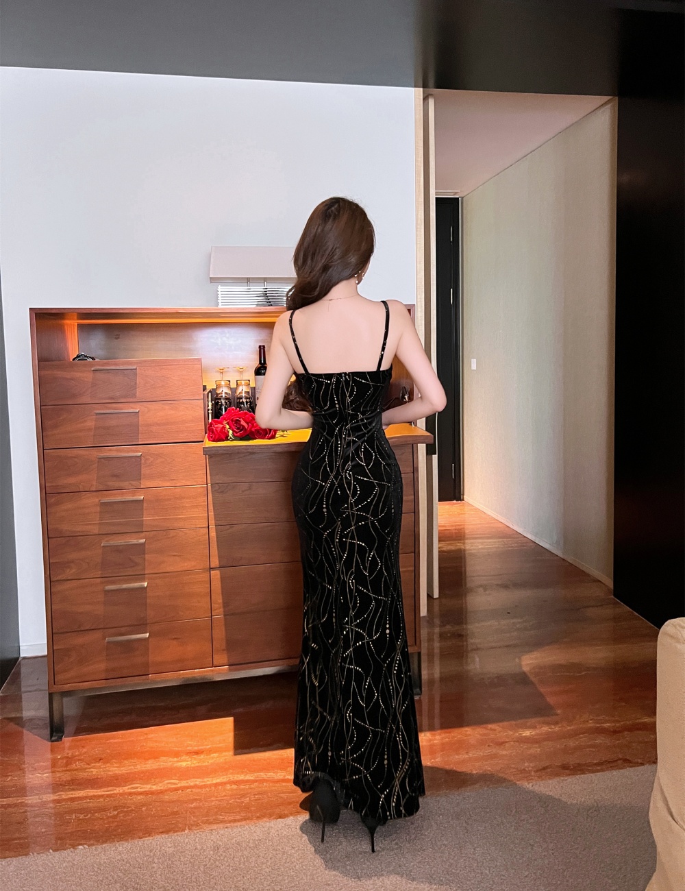 Printing long formal dress sexy high slit dress