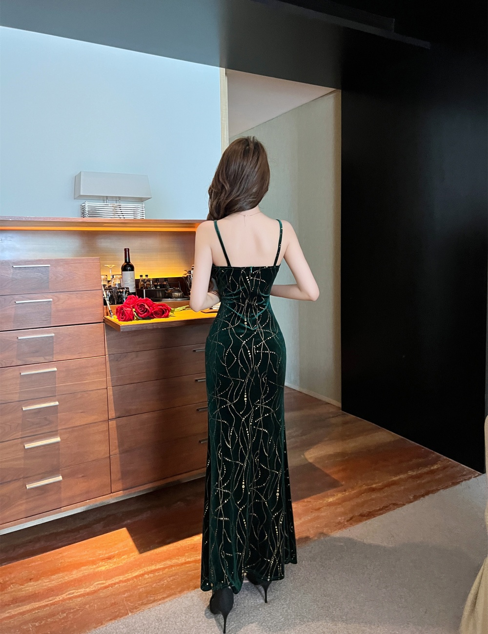 Printing long formal dress sexy high slit dress