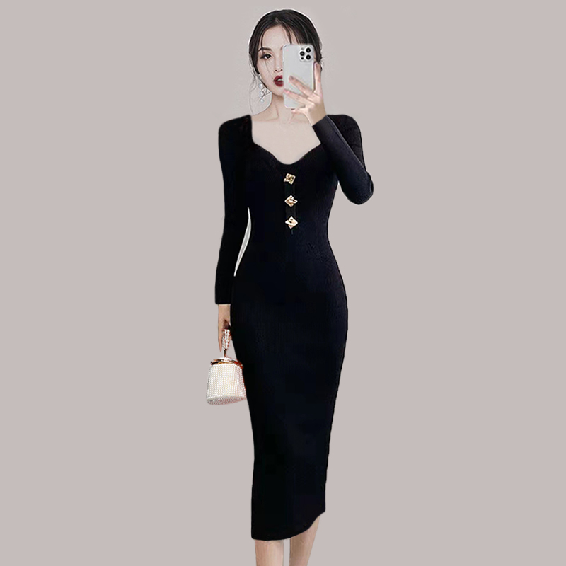 Retro knitted sweater dress France style long dress for women