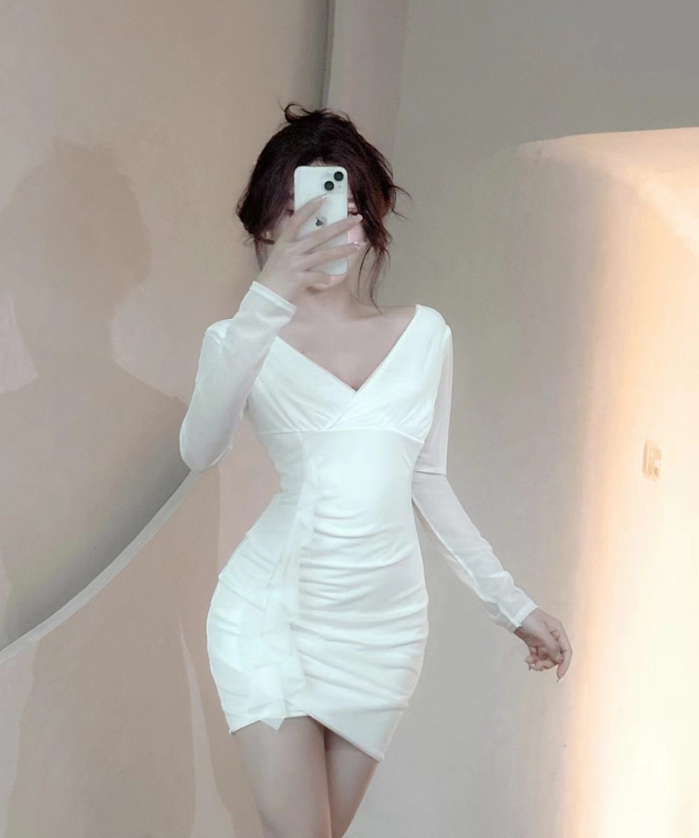 Package hip low-cut sexy long sleeve short dress