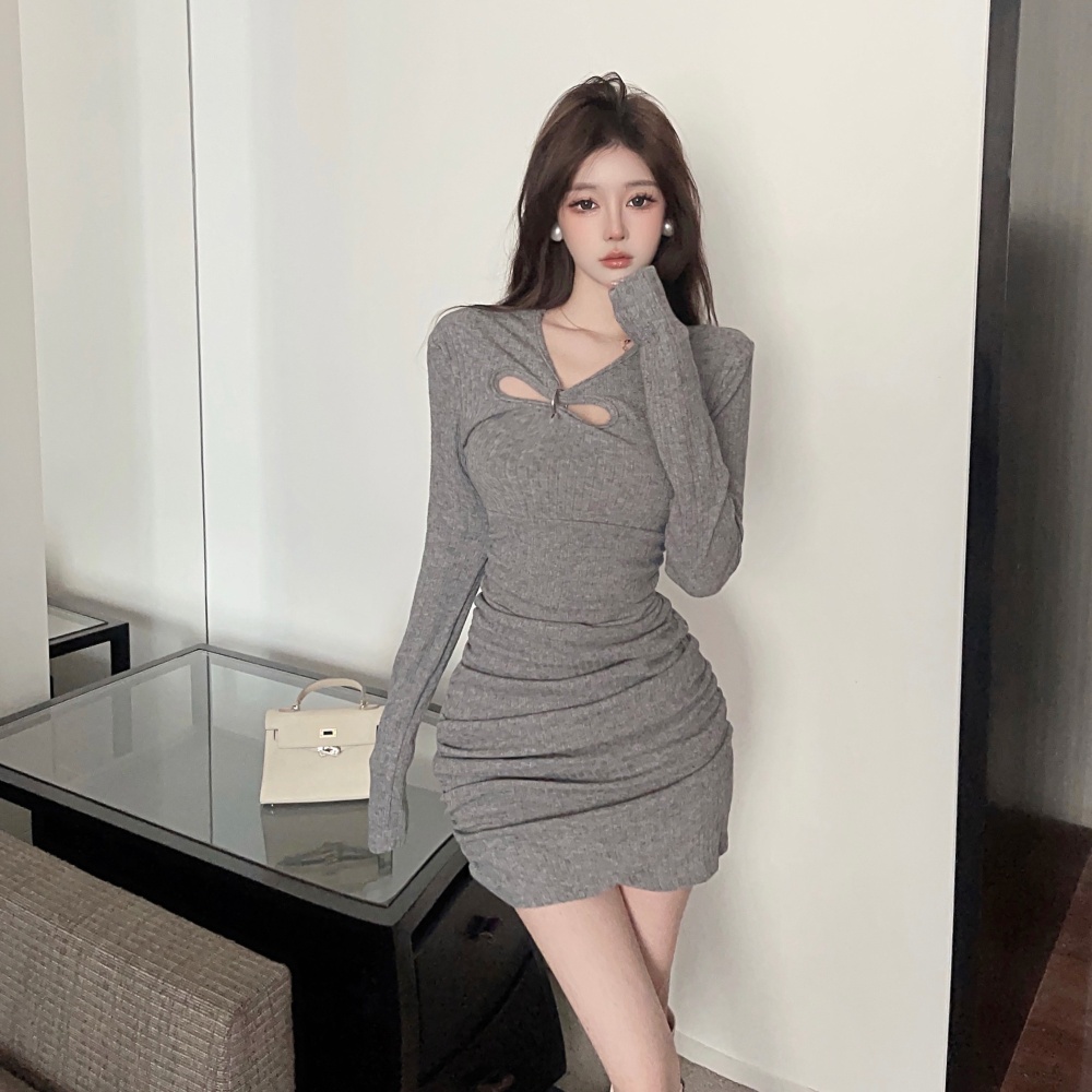 Slim cashmere folds pinched waist dress for women