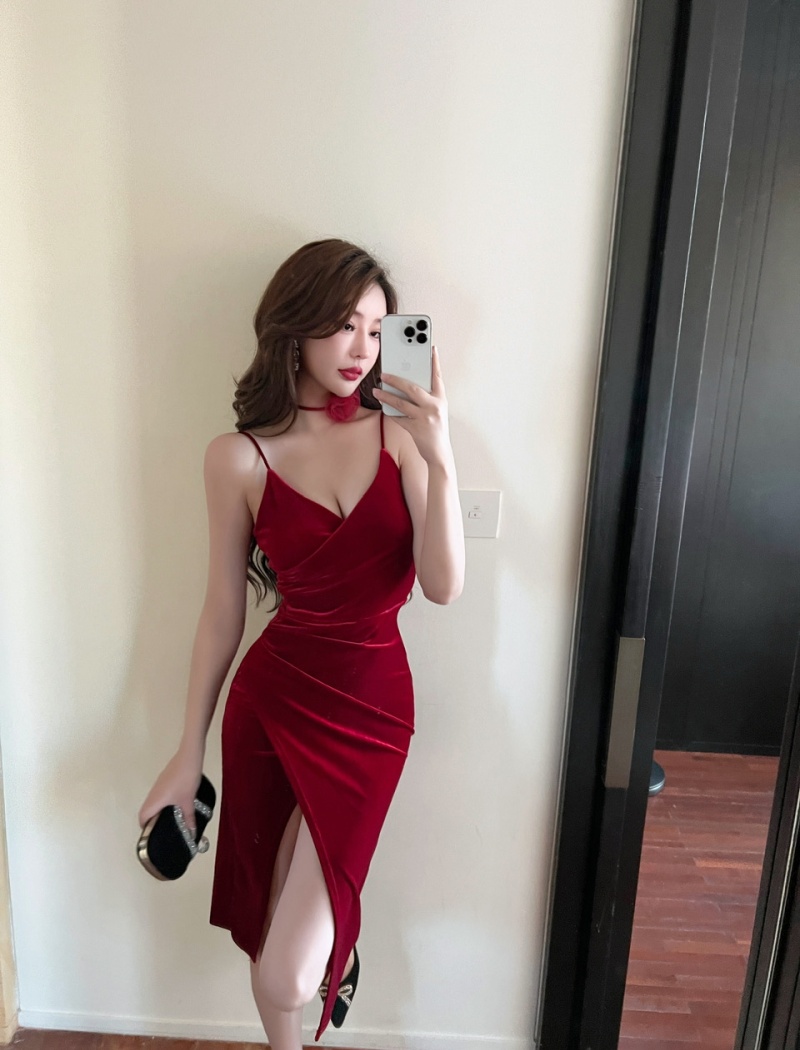 Split red pinched waist irregular halter dress for women