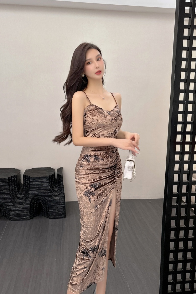 Slim temperament formal dress sling printing dress