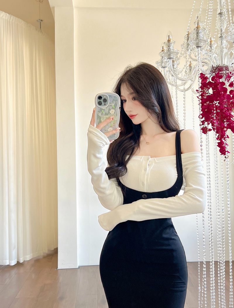 Package hip strap dress long sleeve T-shirt 2pcs set for women