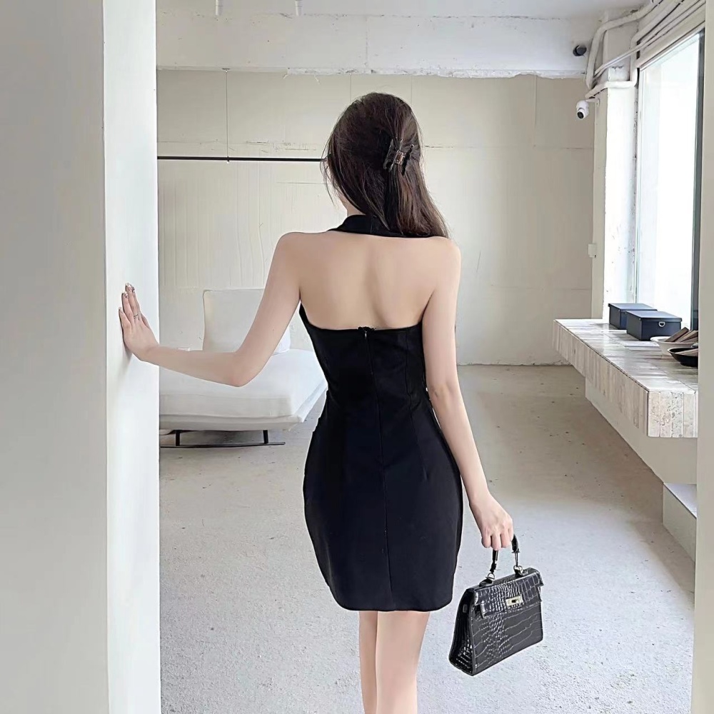 Halter black irregular package hip folds V-neck sexy dress