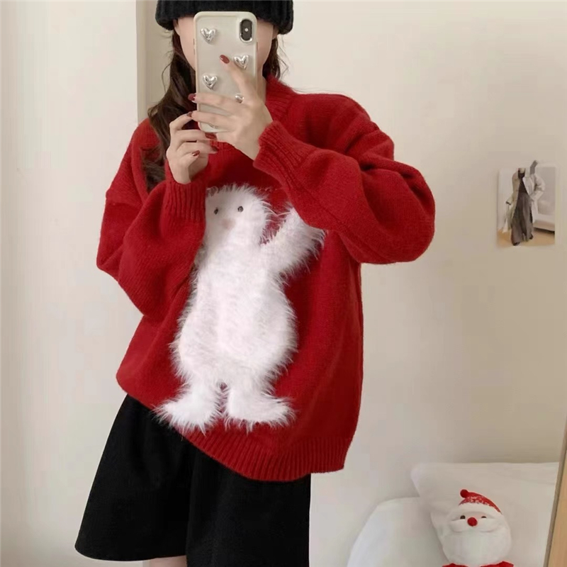 Red long hair tops all-match Korean style sweater