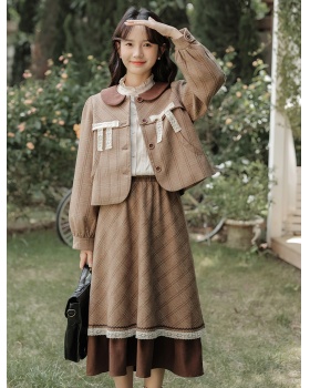 Fashionable bow short skirt brown A-line jacket 3pcs set