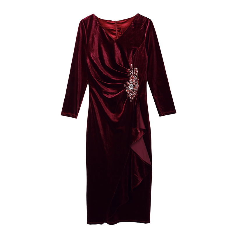 Autumn and winter golden velvet dress wine-red formal dress