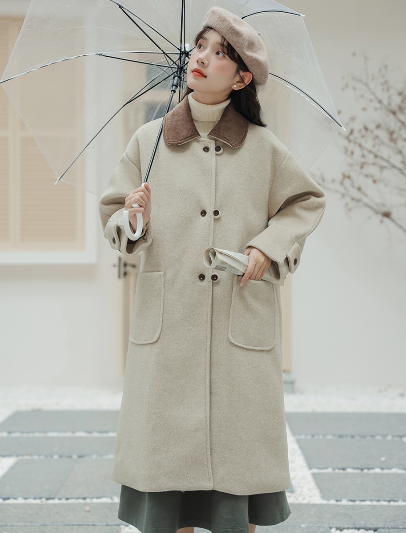 Commuting contrast color collar woolen coat for women